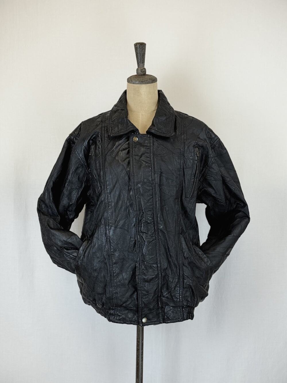 Vintage Y2K Navarre Patchwork Leather Bomber Jacket XL #0340 Black